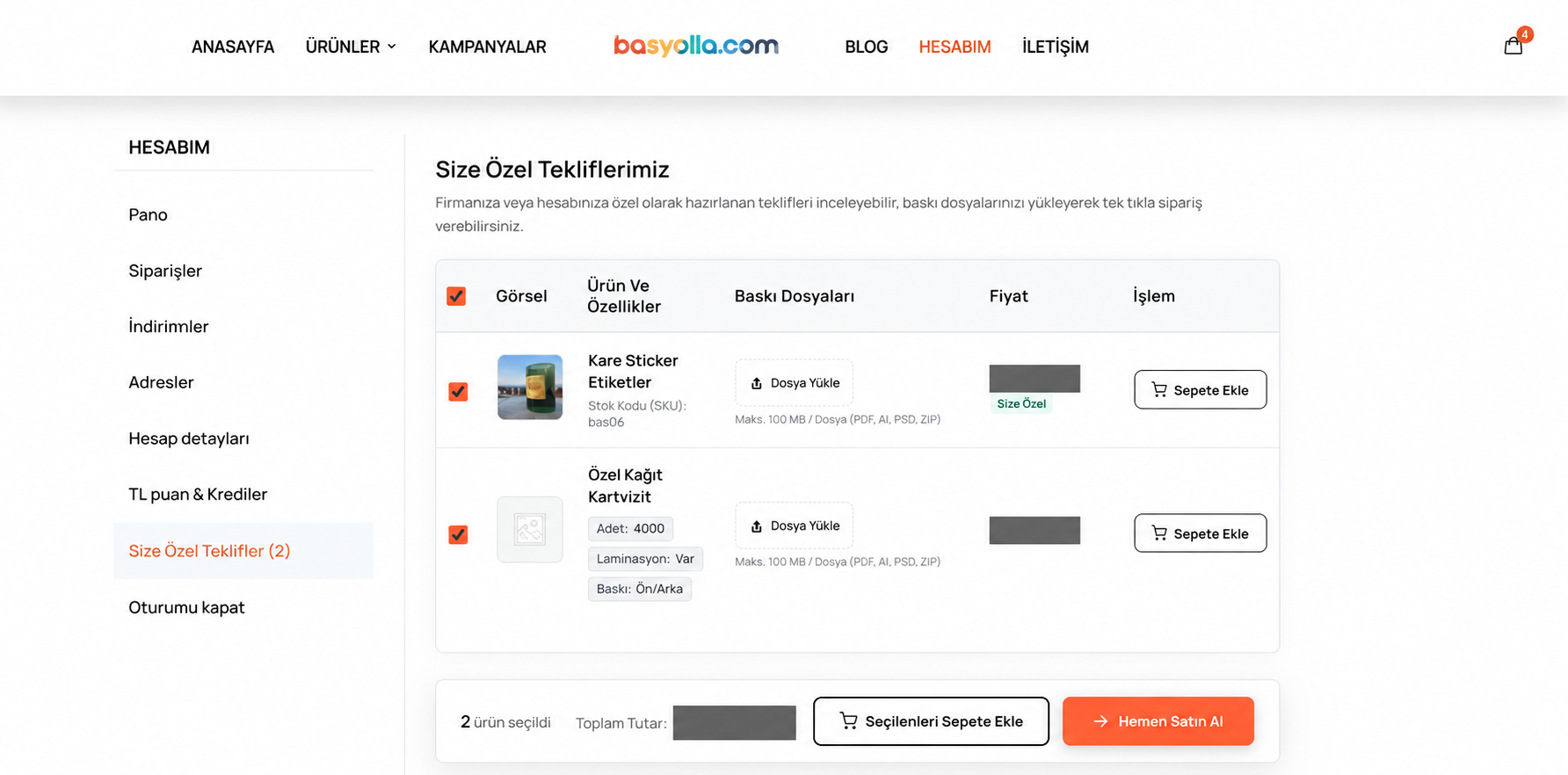 Basyolla İşletmem: Hesabım, Size Özel Teklifler paneli, baskı dosyası yükleme ve sepete ekleme alanları